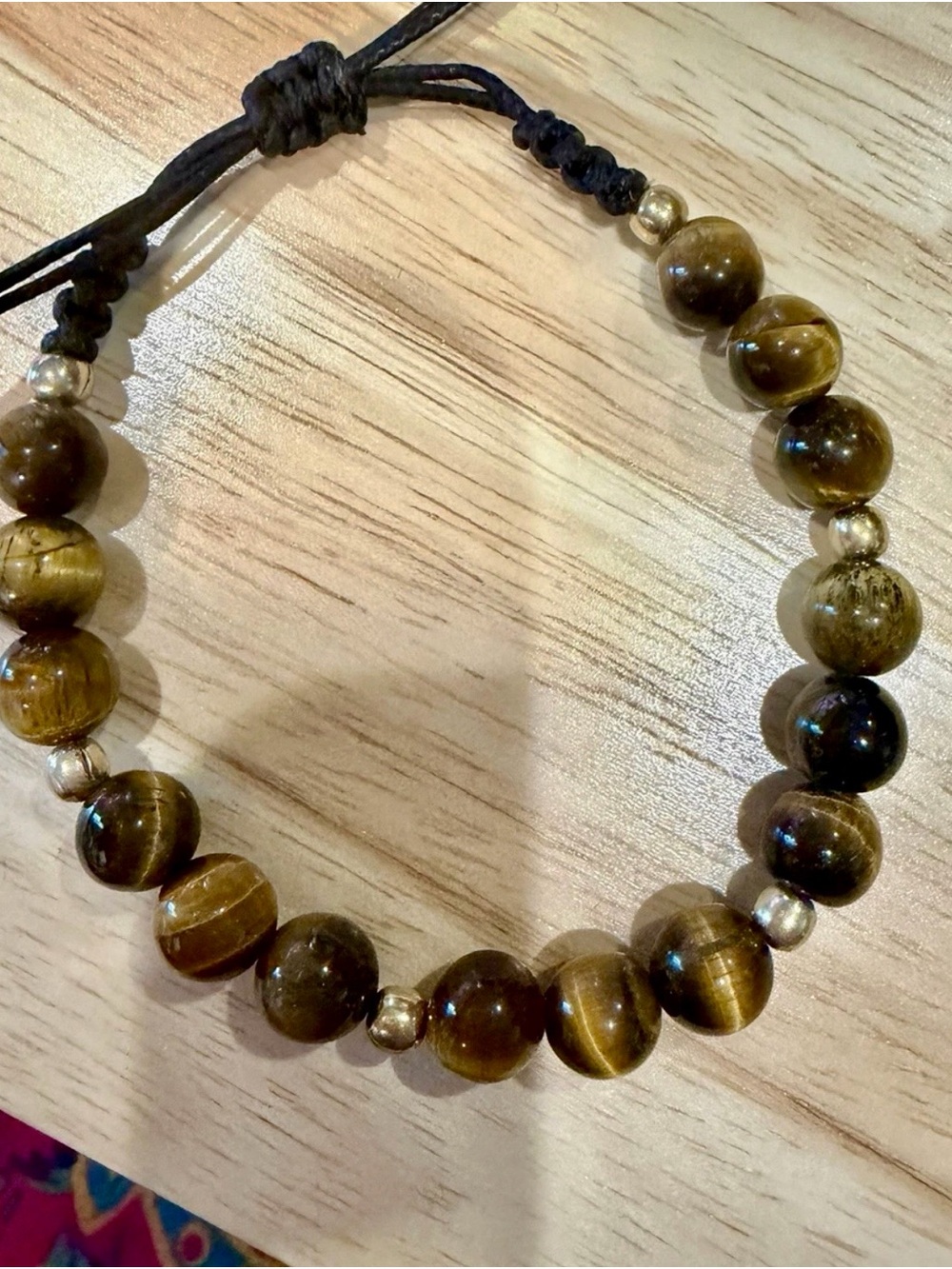 Tiger Eye Beaded Bracelet - Brown Gold Tone. Adjustable.